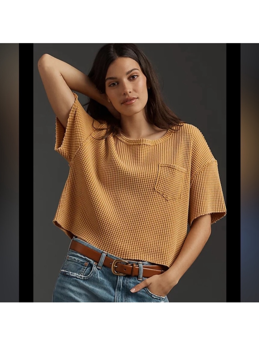 Pilcro Cropped Waffle-Knit Pocket Tee - Mustard Gold